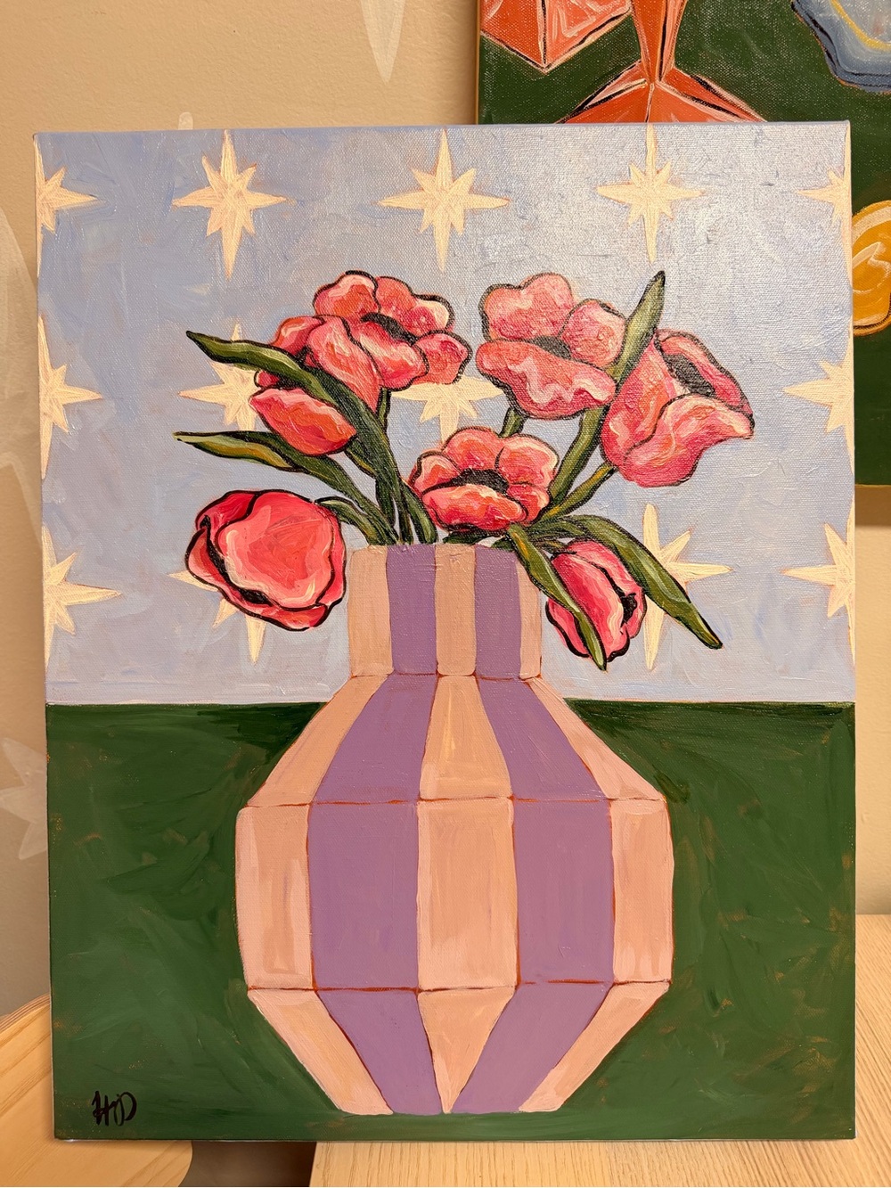 Hand-Painted Pink Floral Canvas Art in Purple Vase - Home Accents